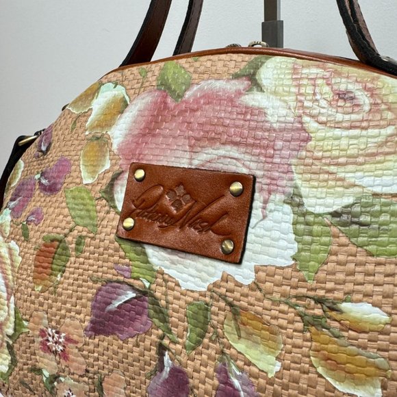 Patricia Nash Crackled Rose Garden Straw Collection Satchel Tan Pink - Picture 2 of 10